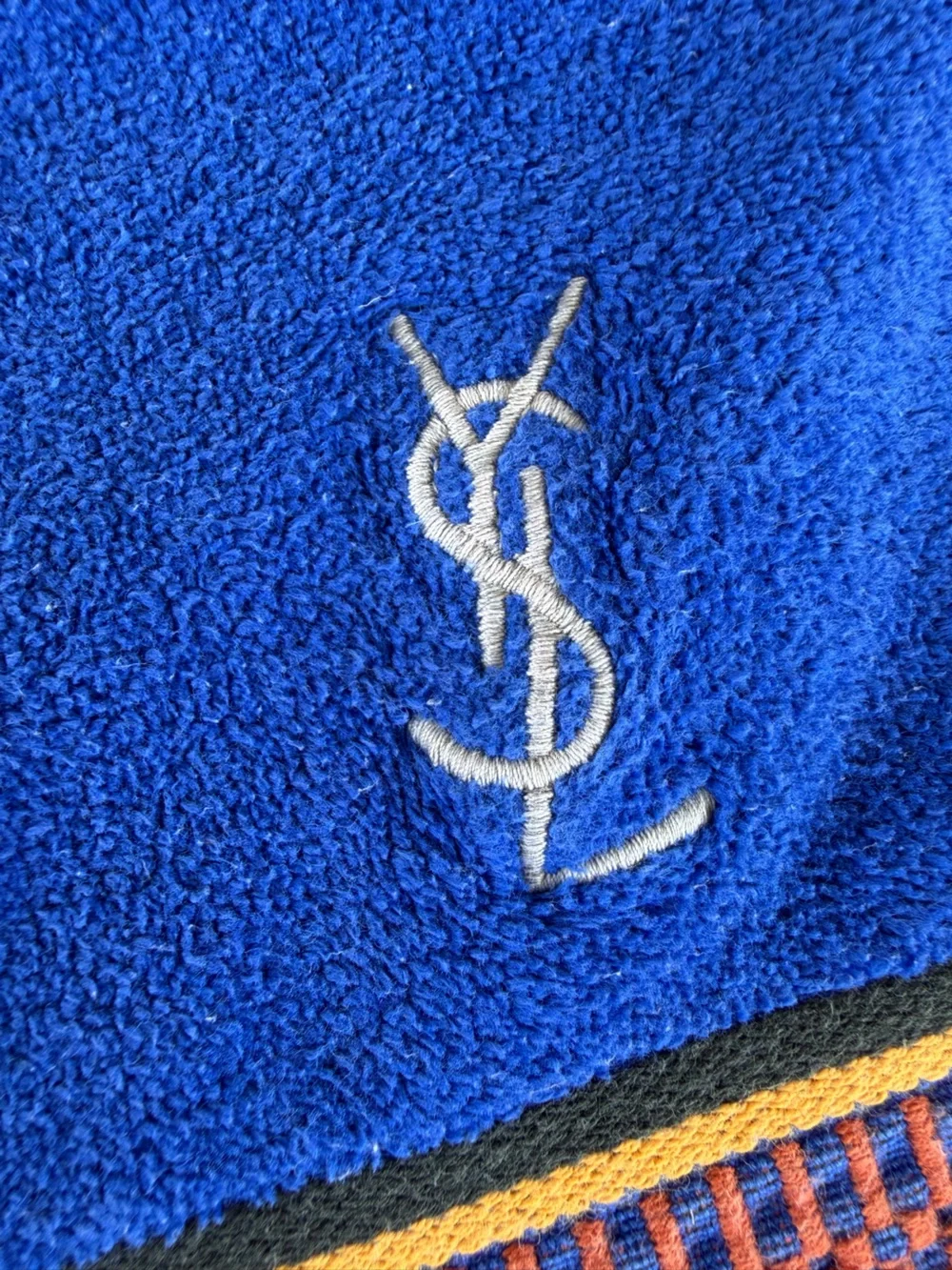 VTG Yves Saint Laurent YSL Bath Towel Bright Blue Embroidered Edge 25x41 France
